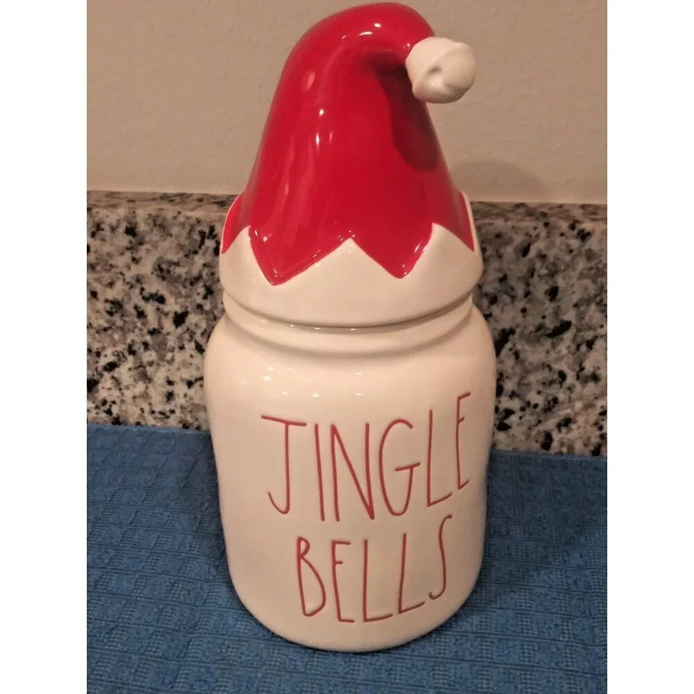 Rae Dunn JINGLE BELLS CANISTER Cookie Jar Santa Elf Hat Holiday Christmas EUC 9